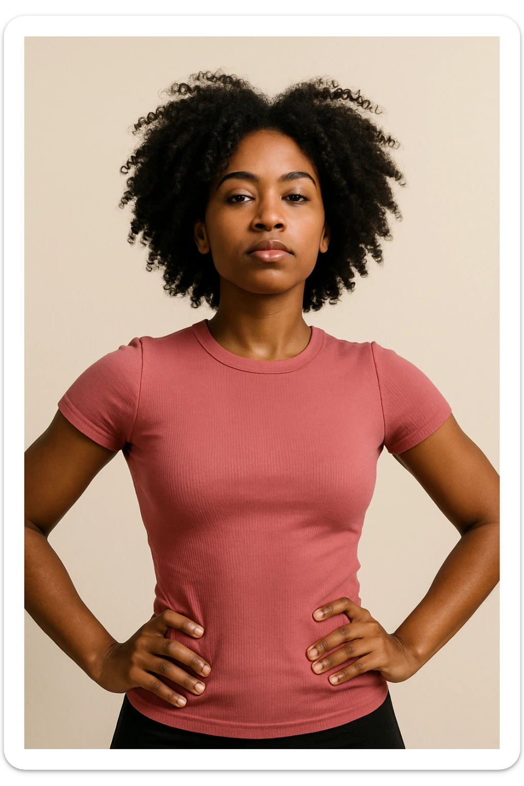 A young black woman with curly black hair, pink tight top, confident pose, minimal background. sticker