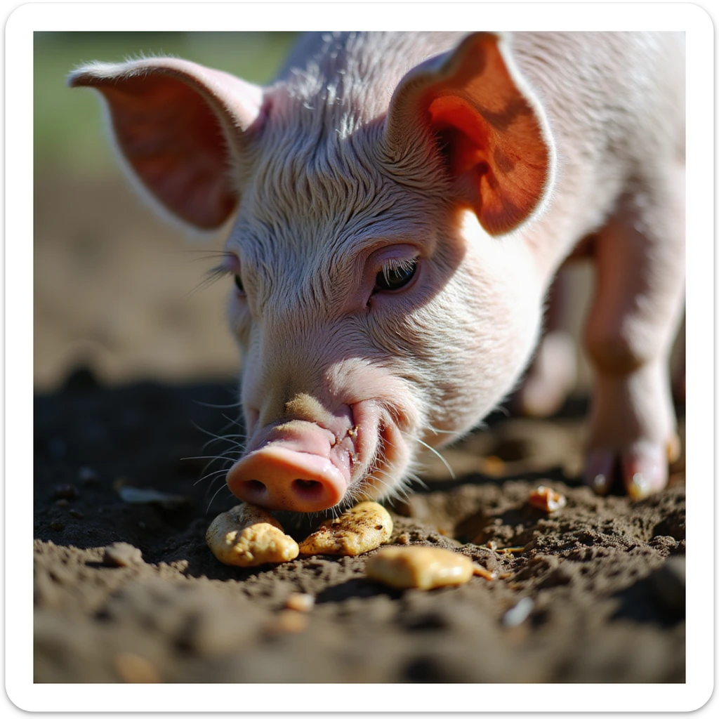 close-up of a pig sniffing and eating food leftovers and feces in the mud, natural light, farm environment, 4K quality sticker