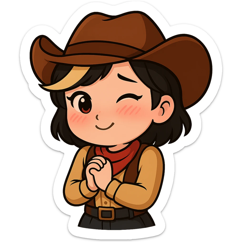 Chibi cowgirl with short hair and a blonde streak, wearing a cowboy hat and western outfit, no guns, chibi/anime style, transparent background, sized for Twitch or Discord use. Pose: hands clasped in front, shy and blushing expression. sticker