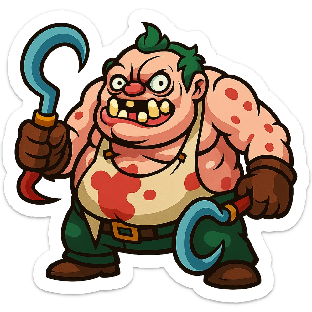 Cartoonish redesign of Pudge from Dota 2, exaggerated features, vibrant colors, playful style sticker