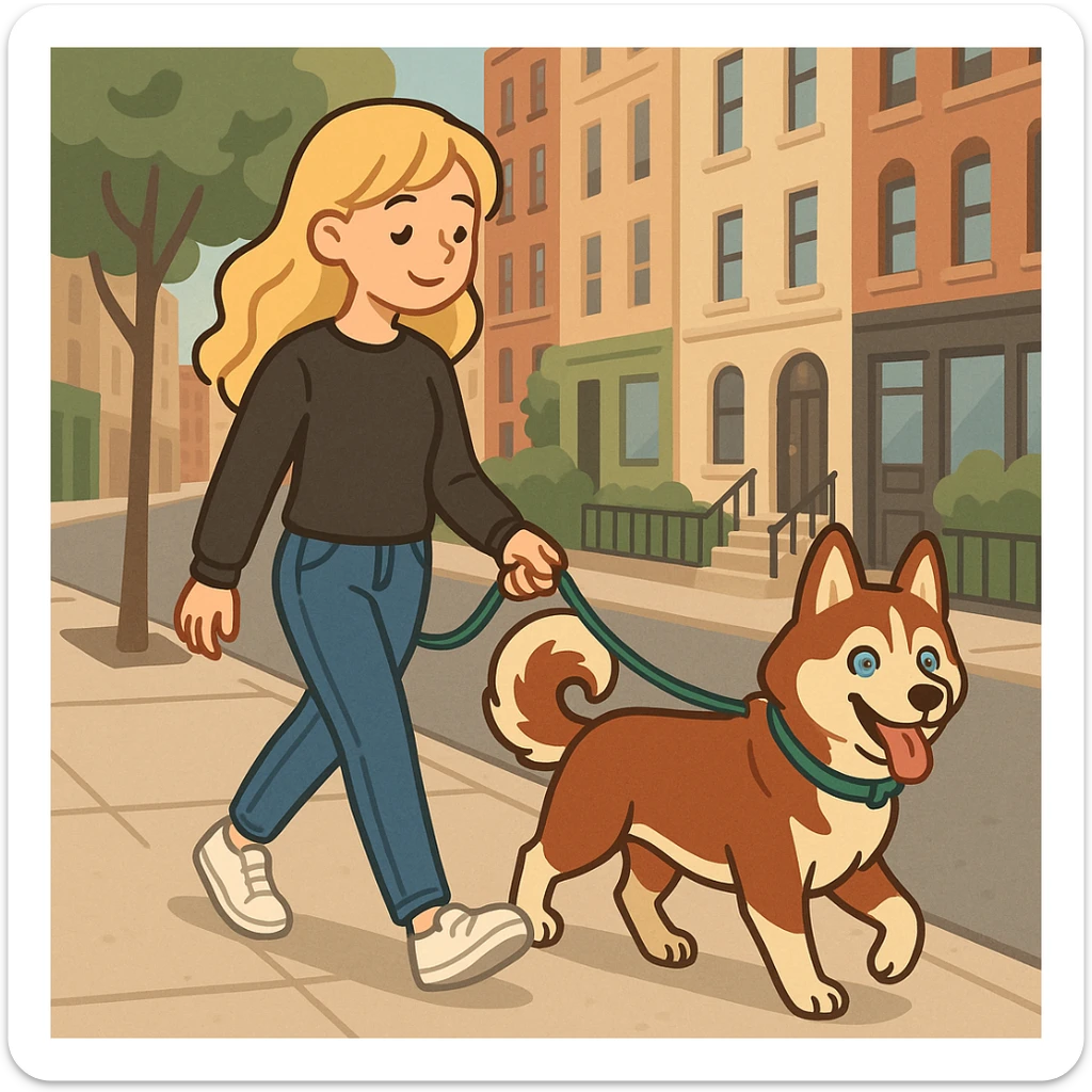 Cute Blonde woman wearing a black sweater and jeans and white sneakers walking a happy red-brown blue-eyed Siberian husky in New York City on an upper east side city sidewalk, flat toon style  sticker