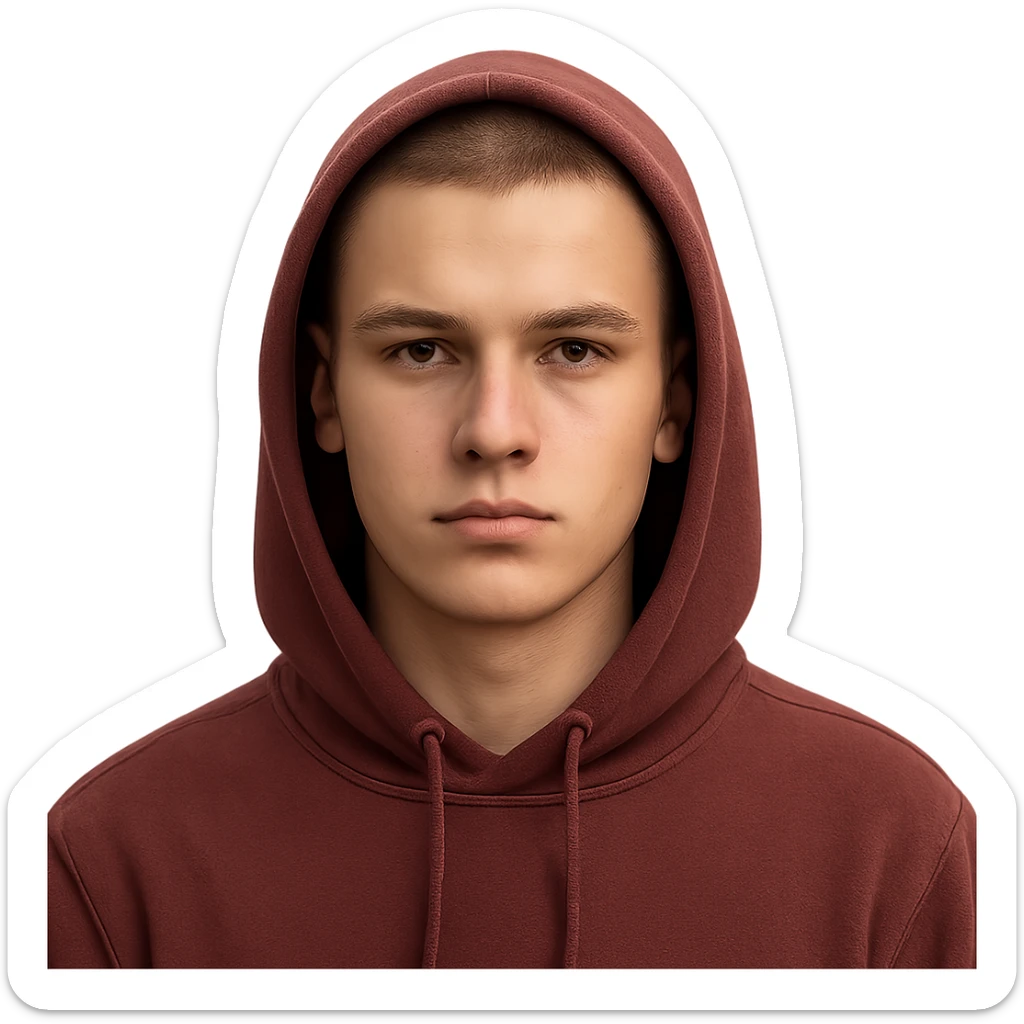 European male youth wearing maroon hoodie with hood up, short brown buzzcut, smooth skin, oval face, strong jawline, high cheekbones, sharp focused eyes, straight eyebrows, calm neutral look sticker