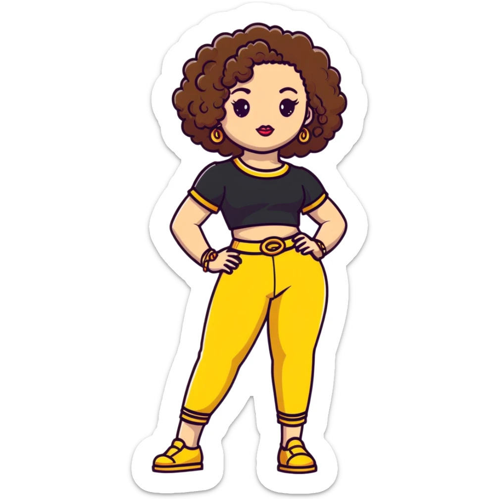 Full body teenage girl with curly brown hair, heavy makeup, big lips, crop top, gold jewelry and flashy choni style outfit sticker