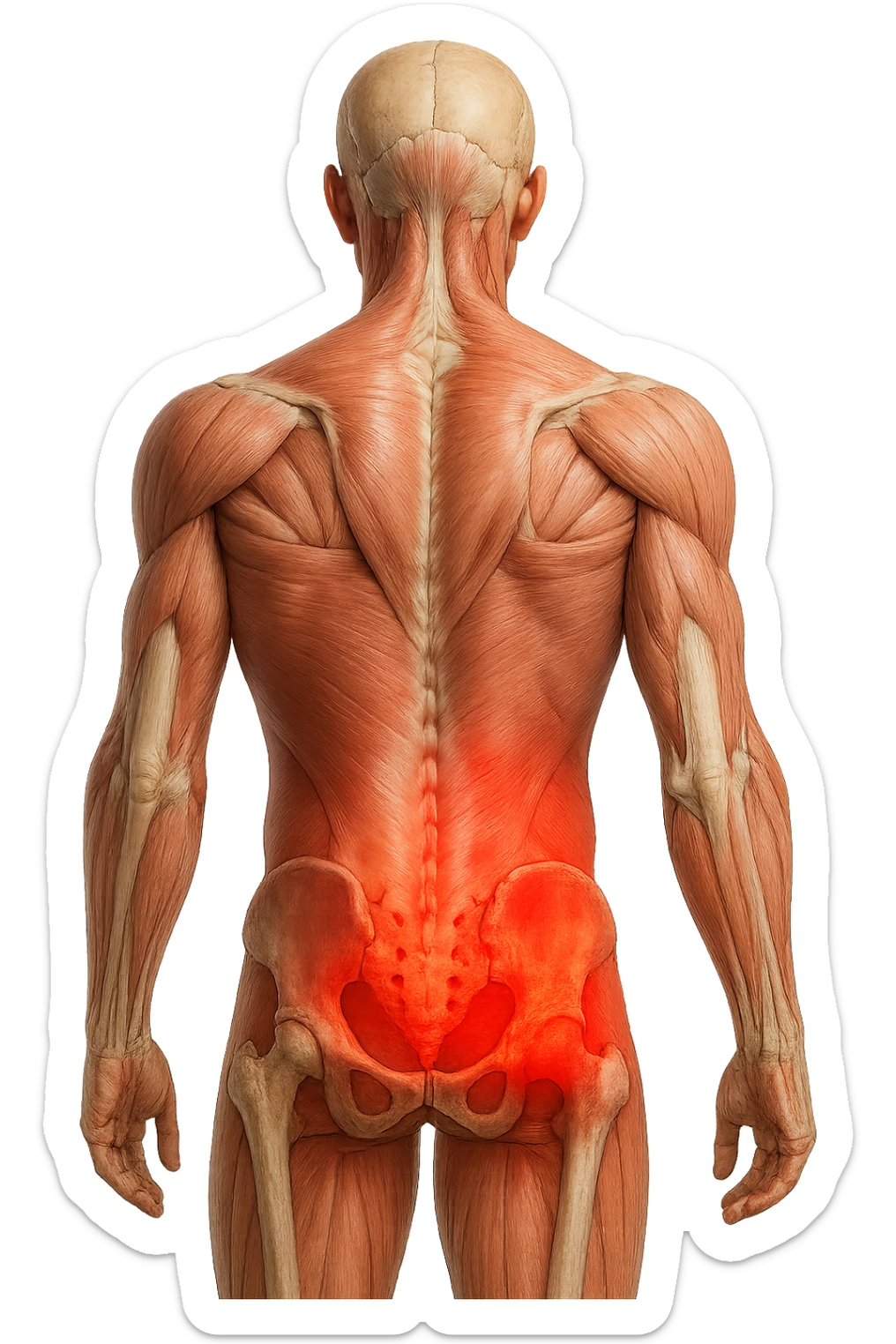 CORPO UMANO ANATOMICO REALISTICO DI SPALLE CON DOLORE ALLA LOMBARE INFIAMMATA, DOLORE ALL'ANCA, IPERREALISTICO 4K sticker