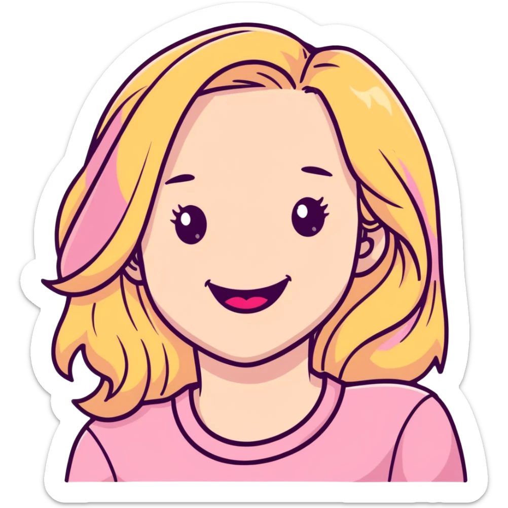 Young girl with pale skin, full pink lips smiling, blonde reddish long hair, big brown eyes with a hint of green, big mouth sticker