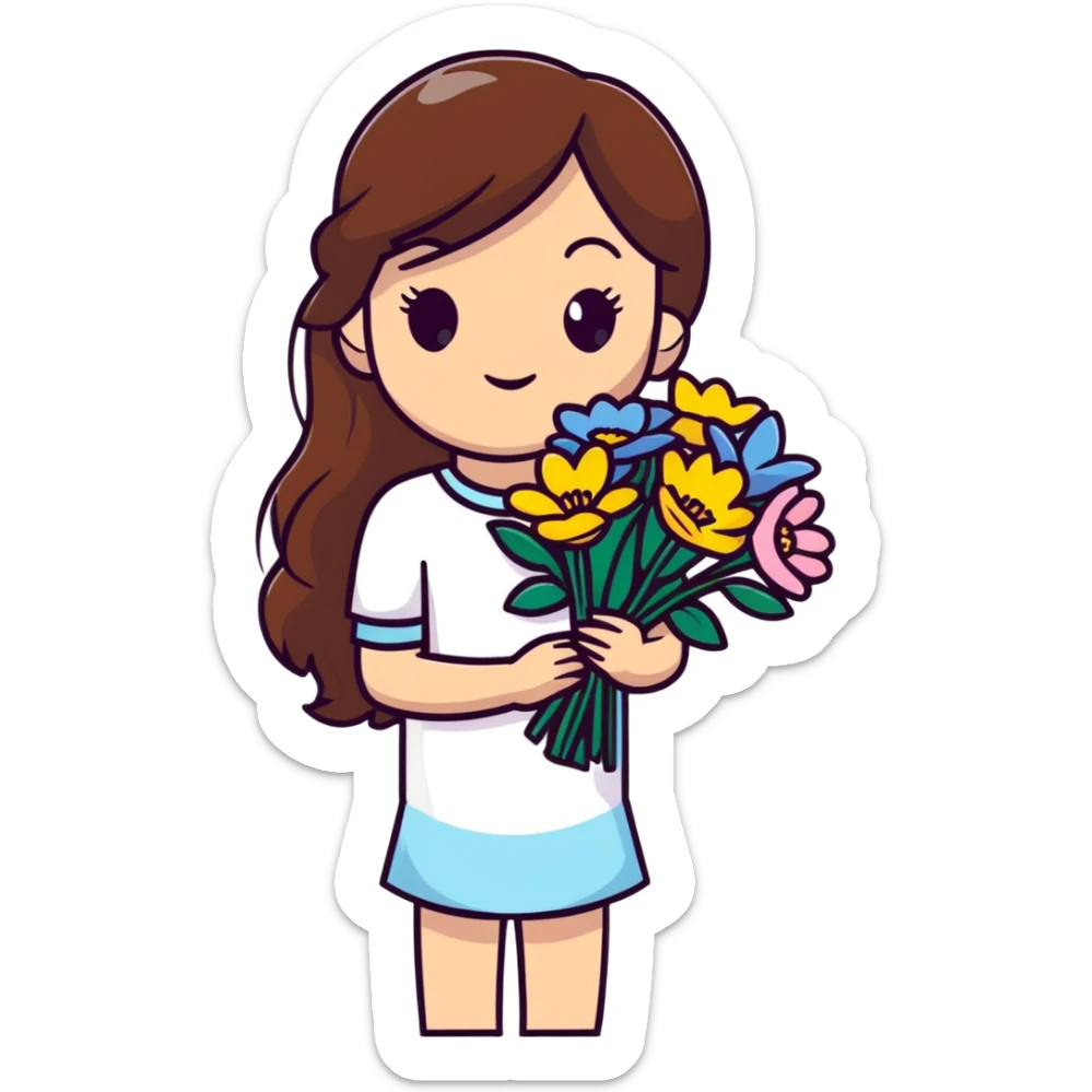 Cool girl with long brown hair holding a bouquet of flowers sticker