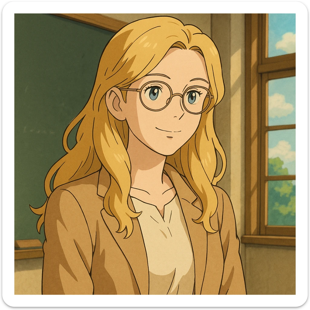 profesora rubia de pelo largo, piel clara, estilo ghibli, con gafas sticker
