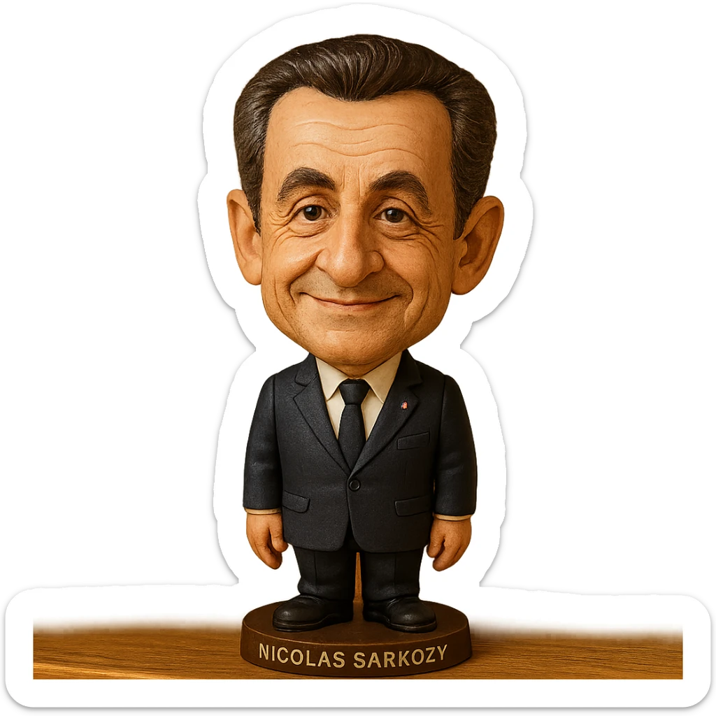 bobblehead style figure of Nicolas Sarkozy, French politician, suit and tie, oversized head, friendly expression sticker