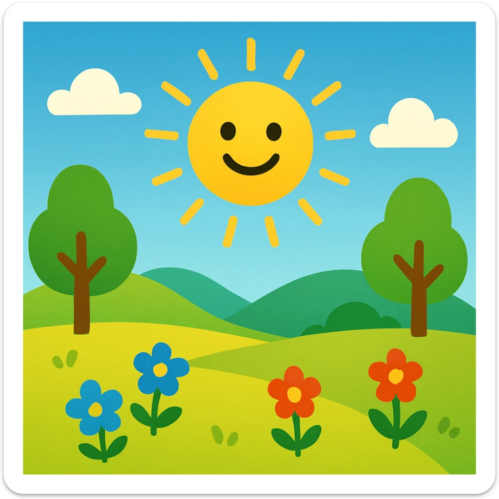 sunny landscape scene, bright and cheerful, colorful, simple shapes, emoji style inspiration sticker