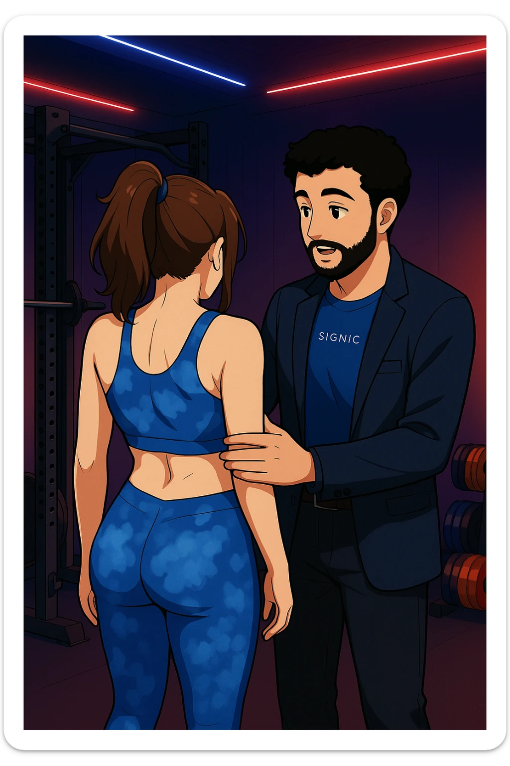 ispirati a questo stile di disegno e fai questa immagine in versione manga/webtoon a colori, il manga mostra la donna di spalle, mentre l'uomo le tocca la spina dorsale per spiegarle come funziona la scoliosi:
Con una scoliosi il baricentro corporeo cade maggiormente da un lato; per non cadere la schiena compensa accumulando tensione sul fianco opposto.
Il risultato? Si inclina e ruota sempre più, fino a che non cede (discopatie, artrosi, ecc) sticker