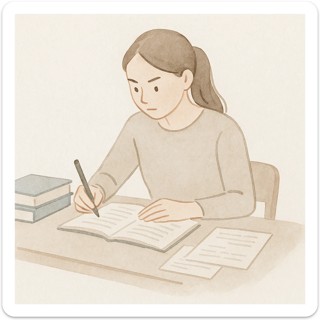 A girl preparing for exams, sitting at a desk with books and notes, looking focused and determined, in a watercolor painting style. sticker