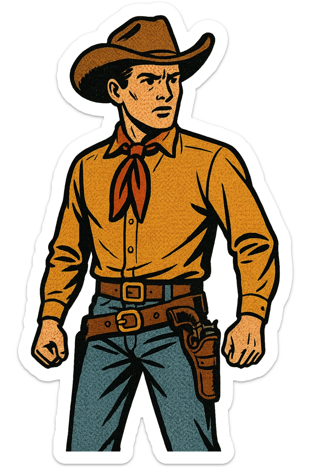 The full body of a young American West cowboy from the 1870s wearing a neck tie, cowboy hat and gun holster sticker