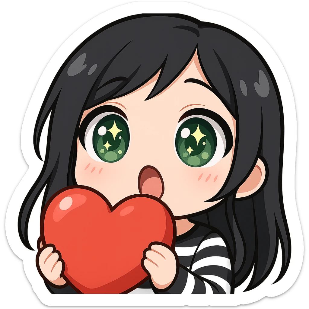Twitch emote of a girl with black hair and green eyes, surprised expression, in a shiny, detailed chibi style with large eyes, sparkles, soft shading, and a cute surprise, matching the reference style. sticker