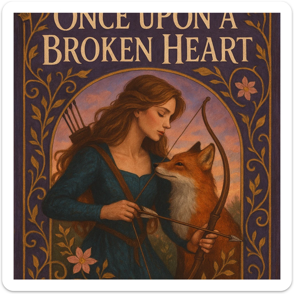 archer and fox together, storybook cover art, romantic fantasy, inspired by 'Once Upon a Broken Heart' sticker