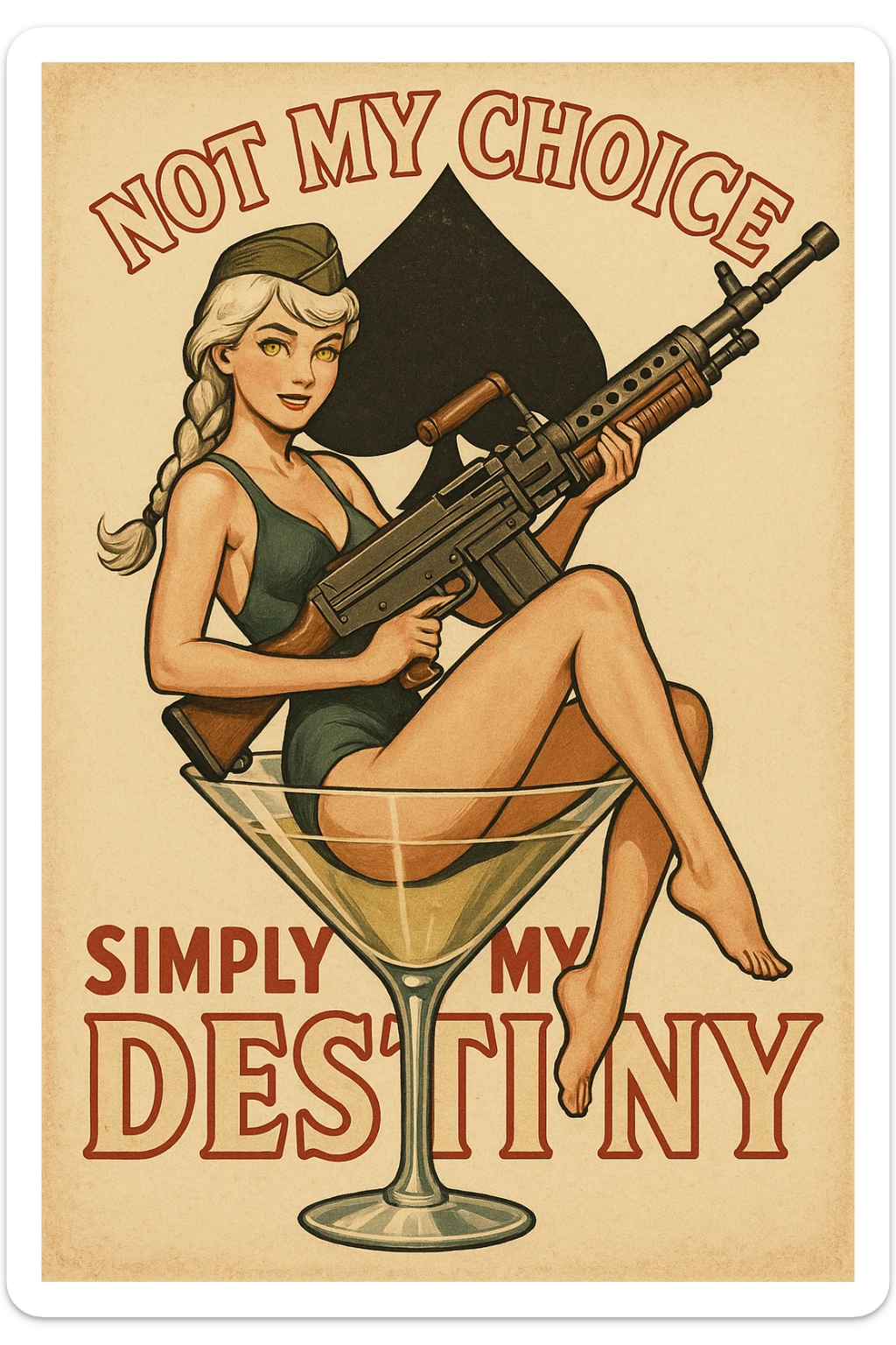 a retro military pinup " not my choice, simply my destiny "
; female figure young,gorgeous, white hair 1 braid, gold yellow eyes, sitting in a martini glass with a massive LMG in a swimsuit in front of a 'spade' sticker