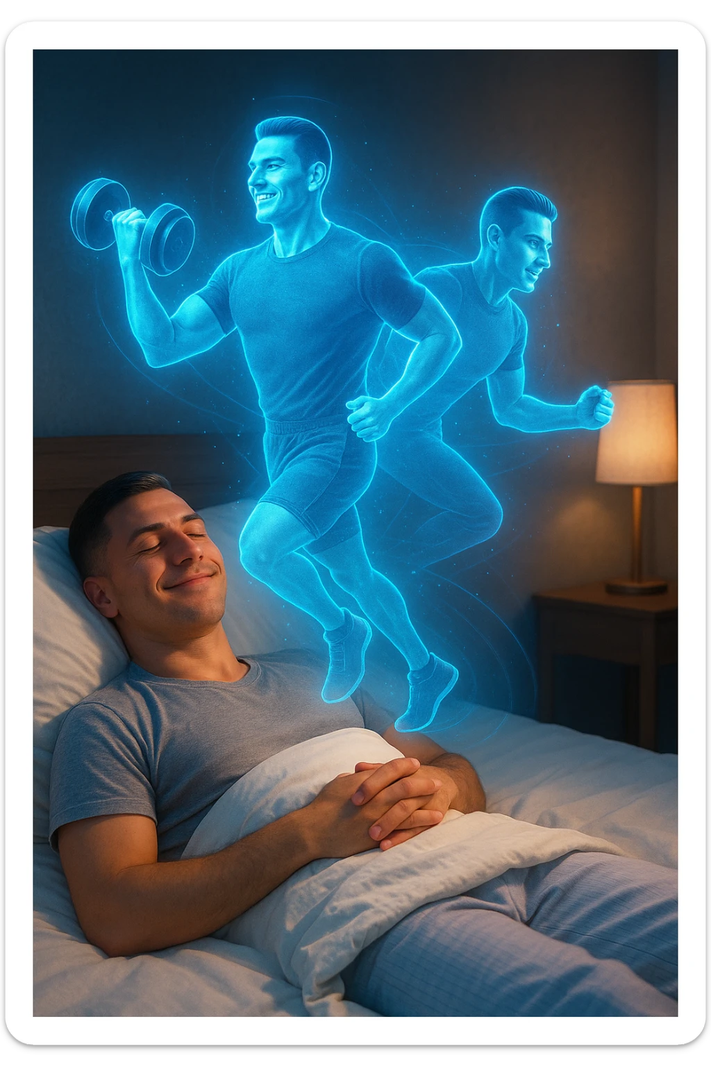 "Un uomo rilassato sdraiato a letto (in pigiama o biancheria intima), con gli occhi chiusi e un sorriso soddisfatto. Dal suo corpo si stacca un doppio olografico luminoso (il suo 'sé visualizzato') che invece sta facendo esercizio fisico con energia: solleva pesi, corre su un tapis roulant invisibile o fa flessioni a mezz'aria. sticker