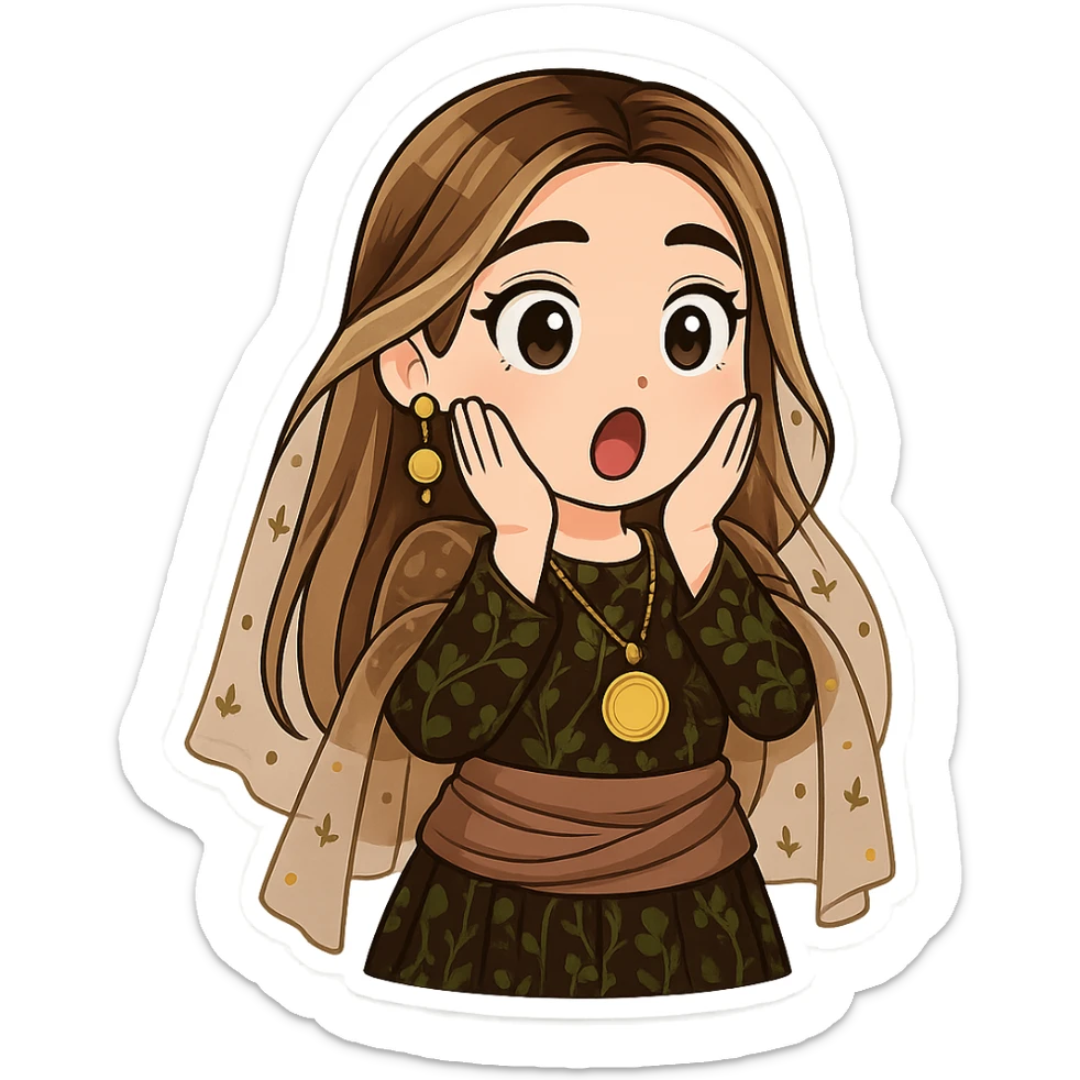 Kurdish cartoon sticker of the same woman in the new dress, surprised or shocked with hands on cheeks, mouth open, no text, transparent background, chibi stickers style. sticker