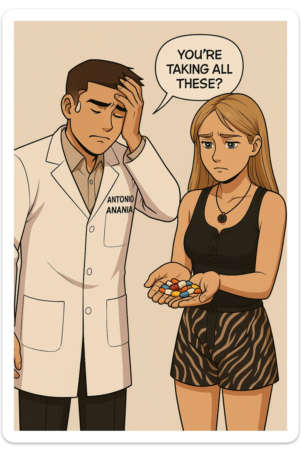 fai un webtoon/manga a colori con questo kinesiologo in camice bianco (fagli la scritta "ANTONIO ANANIA" SUL CAMICE) CHE PARLA CON QUESTA RAGAZZA CON GLI OCCHI AZZURRI. LA RAGAZZA HA UN PUGNO DI INTEGRATORI IN MANO (TANTE PILLOLE DIVERSE) E LE GUARDA DUBBIOSA. IL KINESIOLOGO CON IL CAMICE BIANCO SI TIENE UNA MANO SULLA FRONTE SCONFORTATO MENTRE LE DICE CHE STA SBAGLIANDO A PRENDERE TUTTI QUEGLI INTEGRATORI. NON FARE I FUMETTI, FAI SOLO LORO COME SE DIALOGASSERO sticker