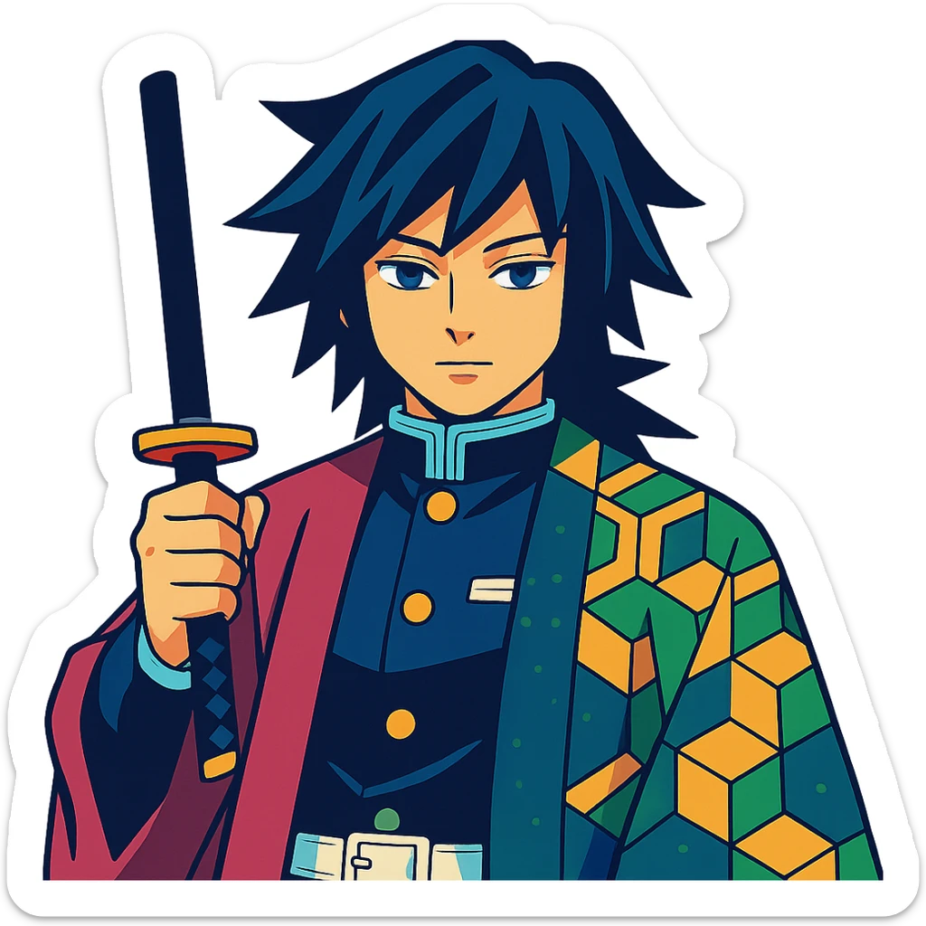 Giyu Tomioka from Demon Slayer, vibrant anime style, half-patterned haori, calm expression, blue and green color scheme sticker