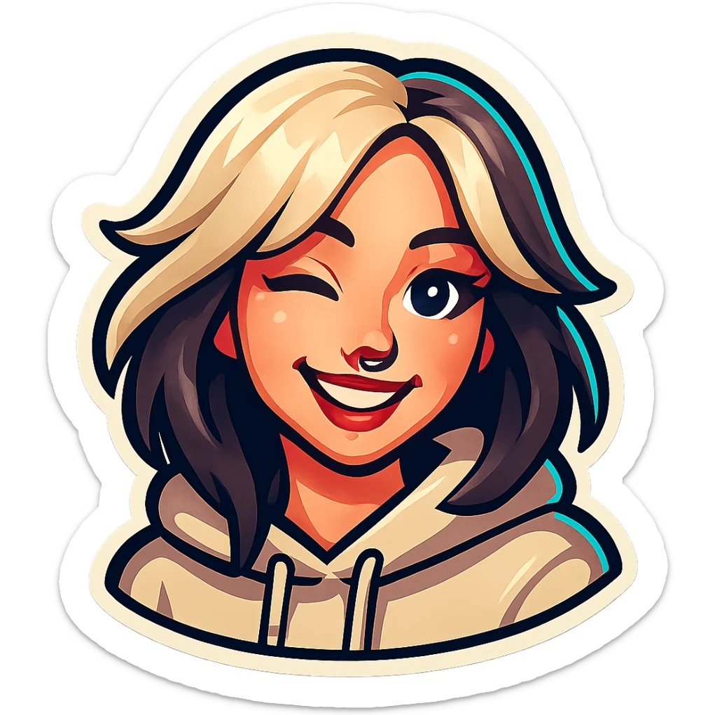 Create a character in the style of classic Telegram stickers: an alt girl as in the reference, smiling and winking, with clean outlines and bright colors, no background. sticker