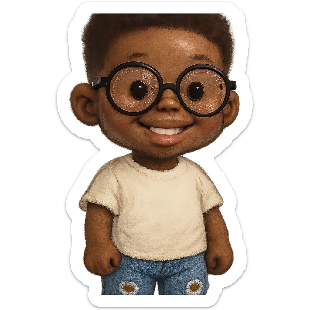 a black boy wearing glasses, white shirt, blue rugged jeans, smiling, with the pookie filter effect sticker