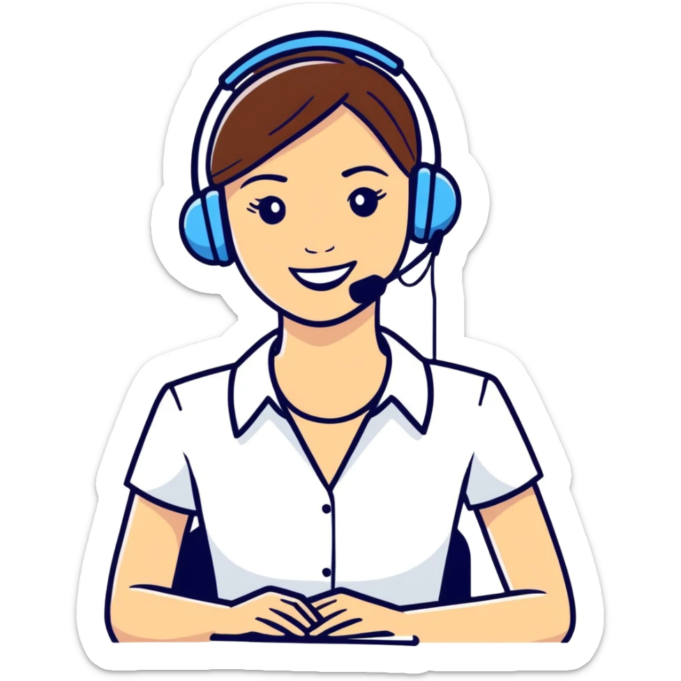 Head and upper body bust of an attractive female business woman receptionist smiling wearing a wireless headset. sticker