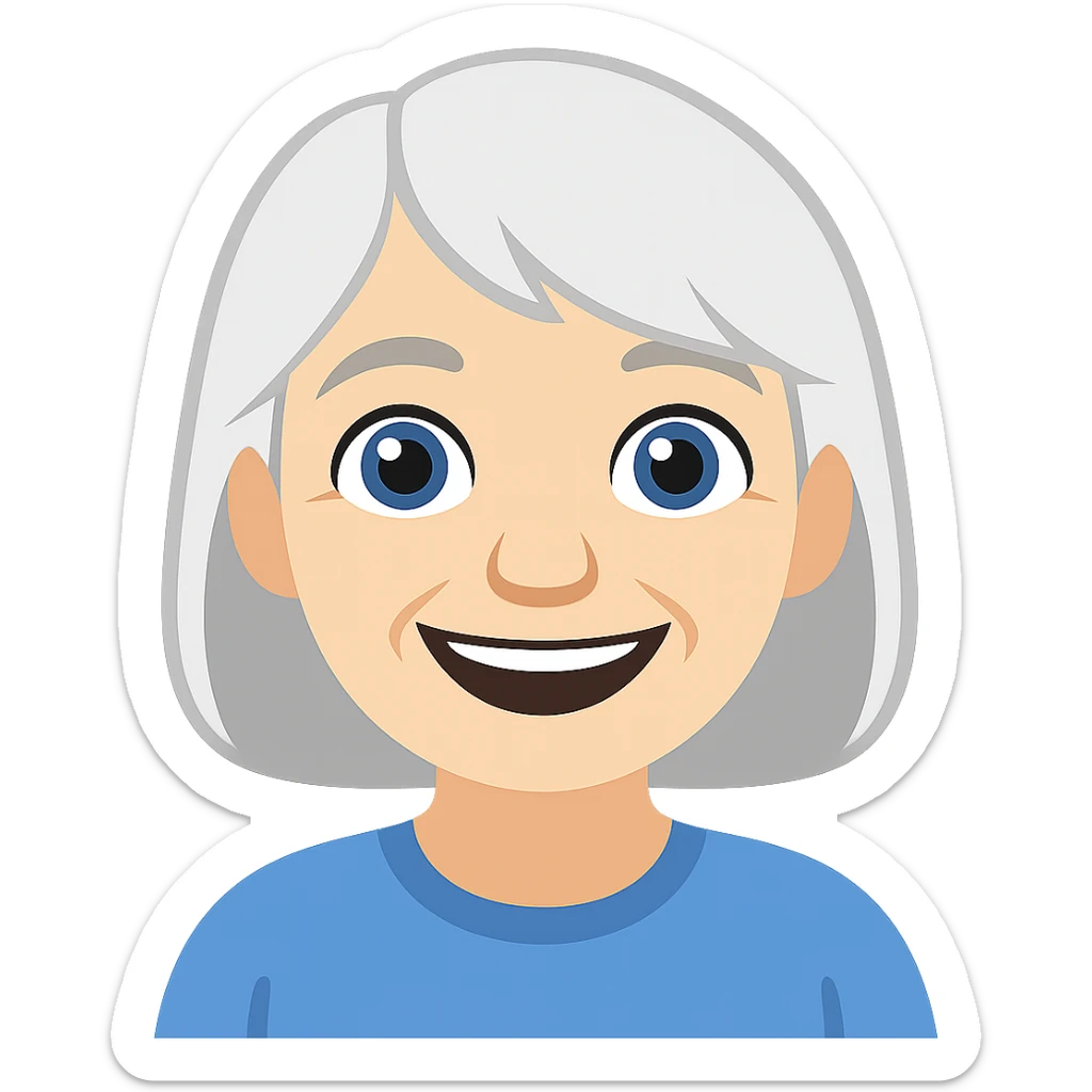 Make the older woman have a wider and expressive smile, in the style of Apple Memoji with flat colors and soft edges, no background. sticker