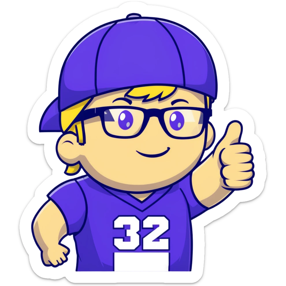 Man with black and white cap, purple sports jersey with number 32, clear glasses, light blond mullet hairstyle, thumbs up gesture, relaxed expression sticker
