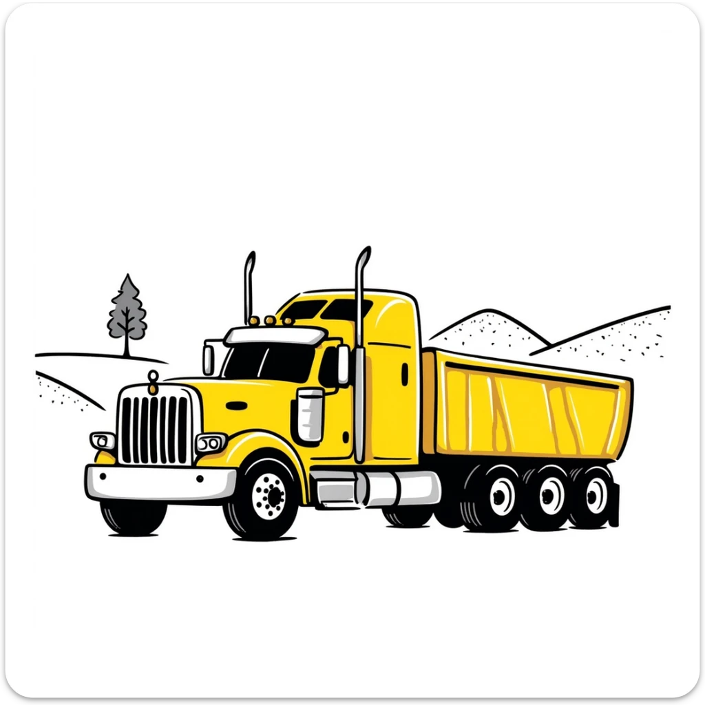 yellow sleeper semi truck with a large end dump trailer in a country landscape, hand drawn notion style doodle sticker
