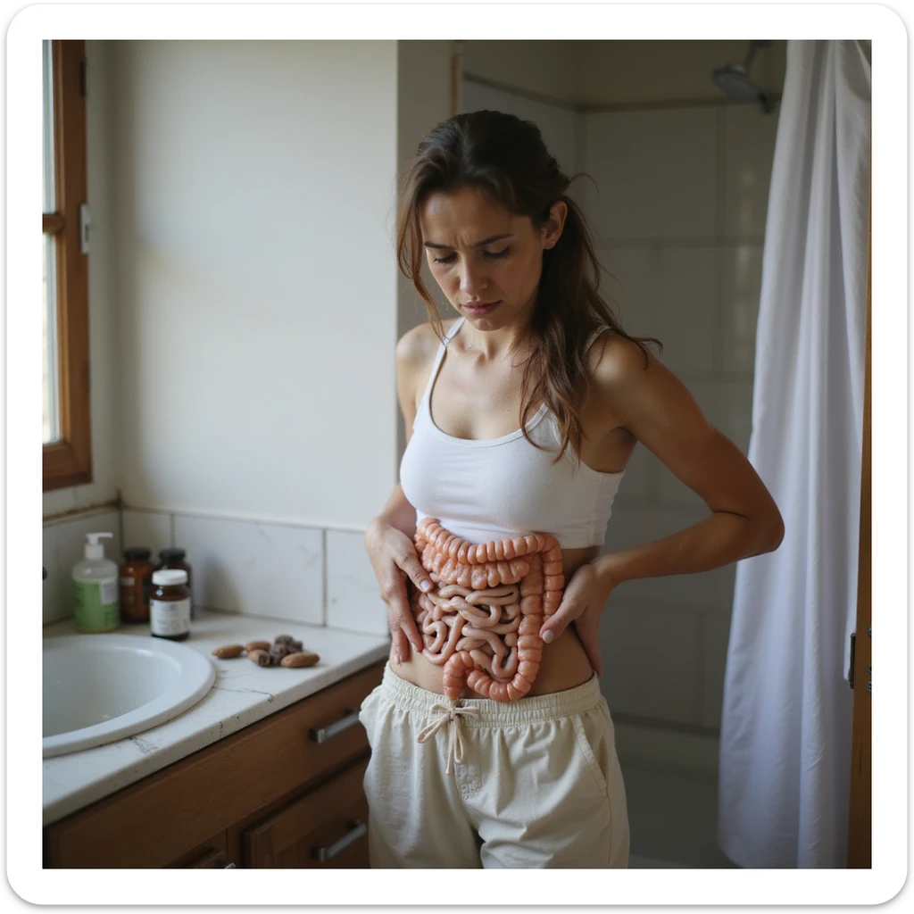 realistic image of a woman in bathroom with symptoms of intestinal dysbiosis, expression of discomfort, clinical details, visible supplements or medications, domestic environment sticker