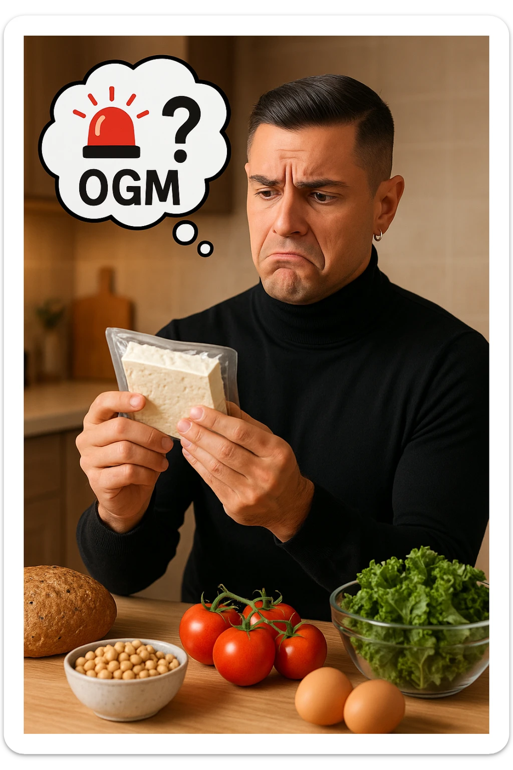 un uomo in cucina tiene in mano una confezione di soia o tofu, osservandola con un’espressione scettica e preoccupata. Sopra la confezione, una nuvoletta di pensiero mostra la scritta “OGM” evidenziata in rosso, accompagnata da un simbolo di allarme o un punto interrogativo. Sullo sfondo, altri alimenti naturali sono visibili sul tavolo, sottolineando la sua preferenza per prodotti non OGM. sticker