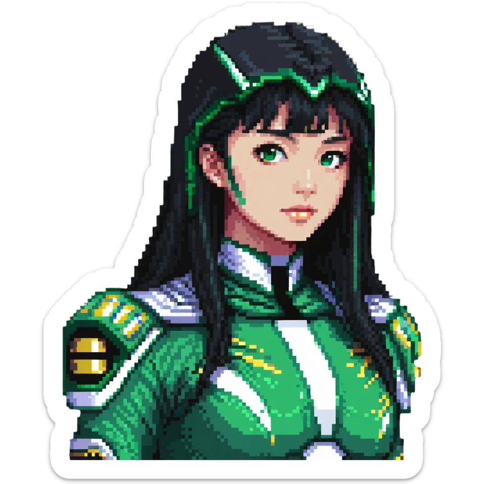 wasian girl in a green Power Ranger suit, black straight hair, black eyes sticker