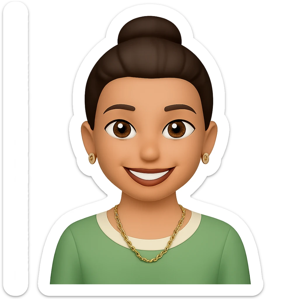 Change the hairstyle of the young woman to a bun. Keep her smiling with dark brown hair, brown eyes, nose piercing, wearing a green and cream blouse and a gold necklace. Convey happiness and relaxation. Remove any background, make it transparent. sticker