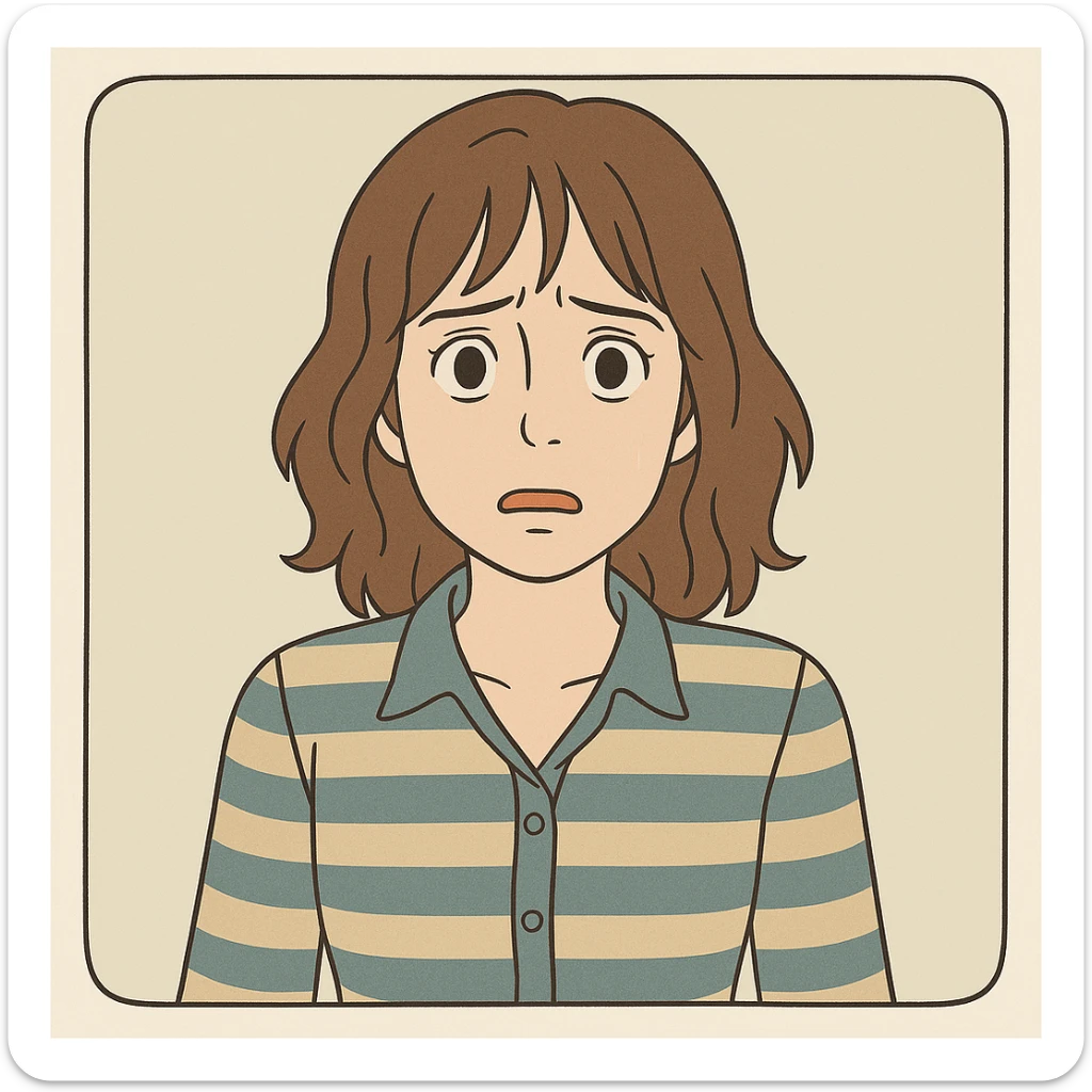 Joyce Byers from Stranger Things, iconic look: brown hair, striped blouse, worried expression, simple line art, light pastel tones, thick outlines, Ghibli style, square 1:1 format, inspired by the provided references. sticker