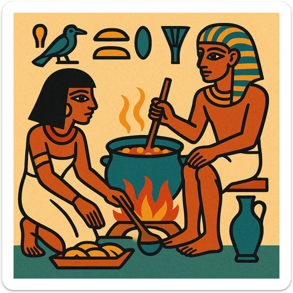 ancient Egyptian cooking scene in hieroglyphic style sticker