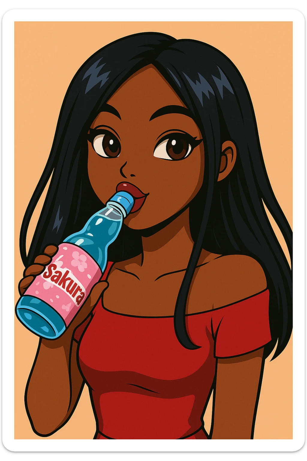 Headshot of a 20-year-old anime Bratz style woman with dark skin, straight hair, trendy outfit, glossy lips, no hat, no tears, happy expression, both eyes open, looking straight ahead, drinking blue Ramune soda labeled 'Sakura'. Change her eyes to brown and her shirt to red. sticker