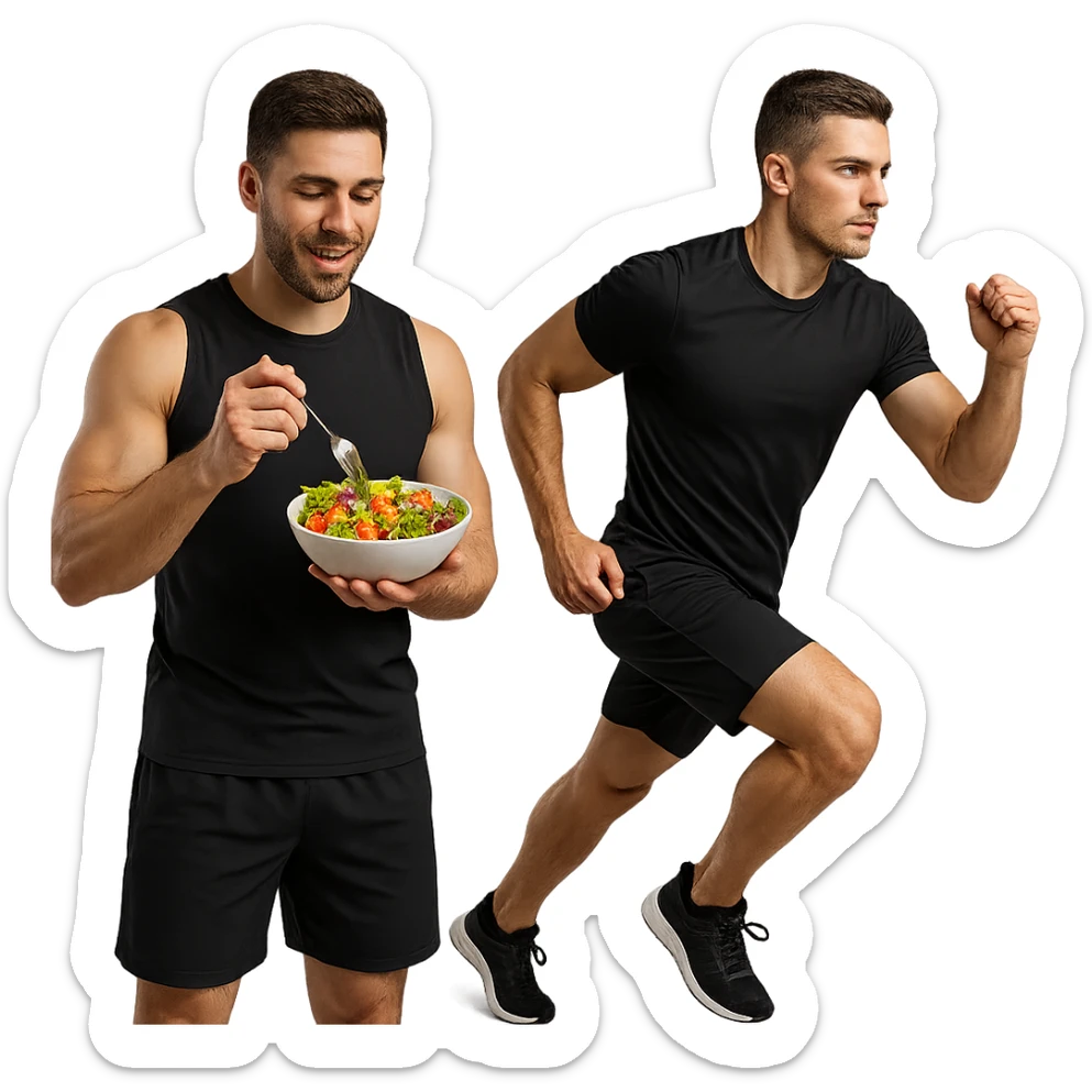UOMO FITNESS CHE MANGIA INSALATA ACCANTO A UOMO FITNESS CHE CORRE IN POSA FRONTALE sticker