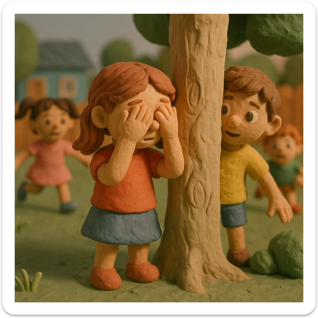 Children playing hide and seek in a yard, claymation style, pastel colors, visible fingerprints, matte plasticine texture. sticker