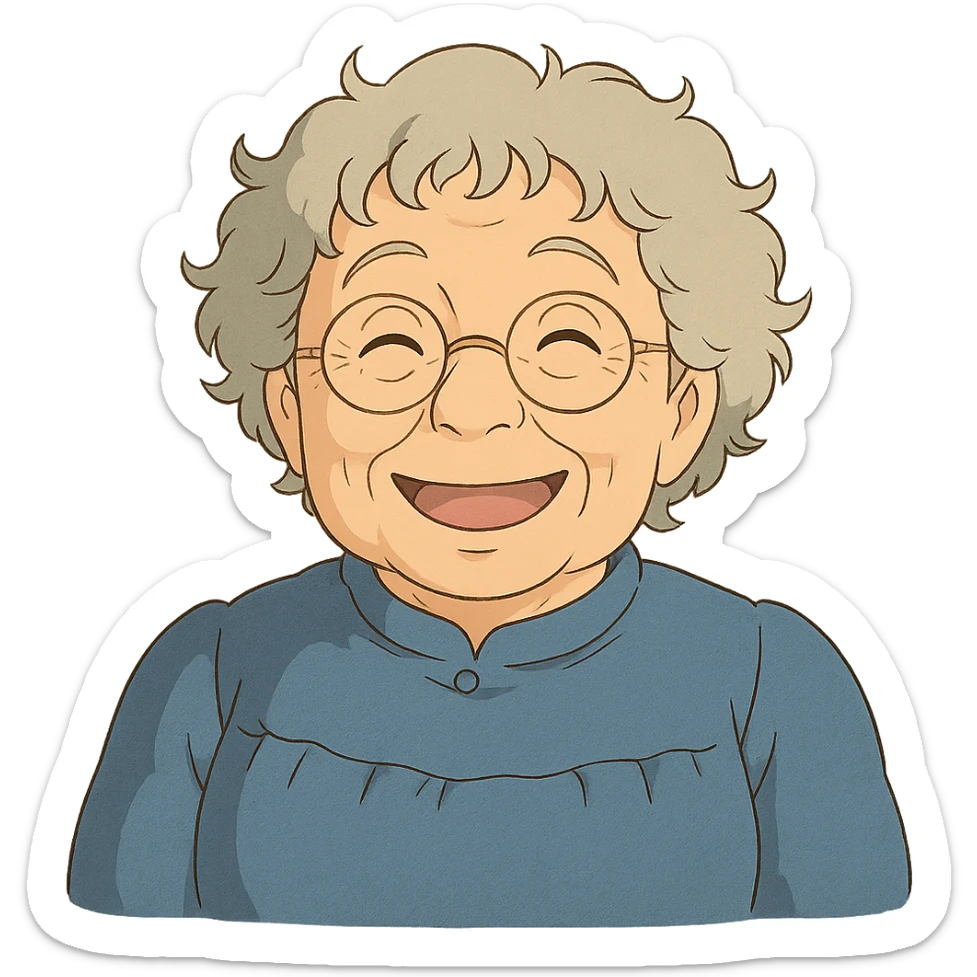 ghibli style illustration of a happy elderly Caucasian woman, grey curly hair, glasses sticker