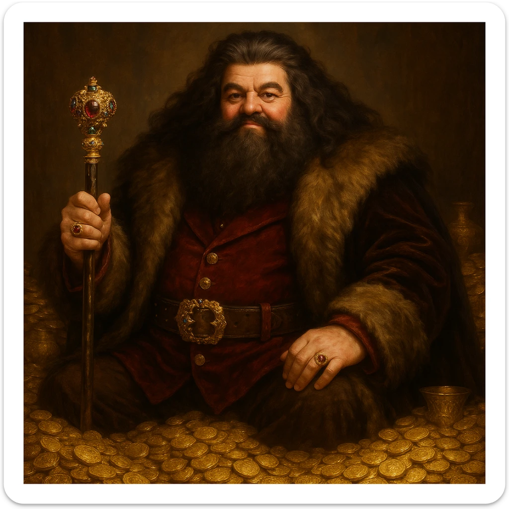 A rich, opulent version of Hagrid with a jeweled cane and a fur-lined cloak, surrounded by gold coins, detailed, fantasy art sticker