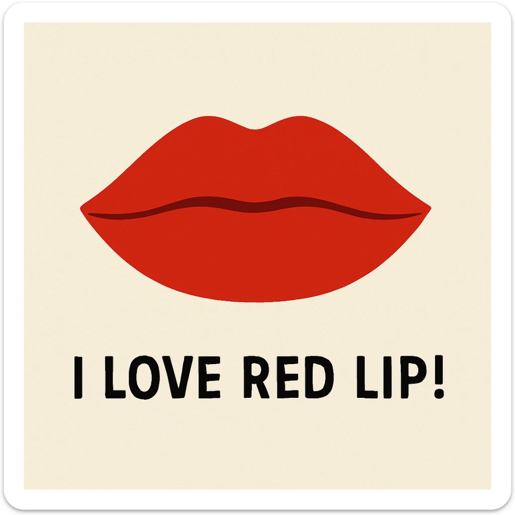 minimalist illustration of a closed mouth with matte red lips, bold colors, and the text 'I love red lip!' included sticker