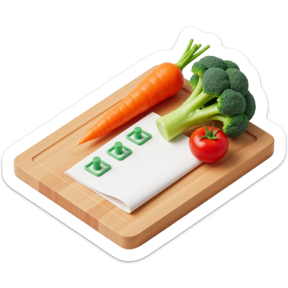 carrot tomato brocoli on the wooden cutting board with floating rolled paper list with green checkboxes sticker
