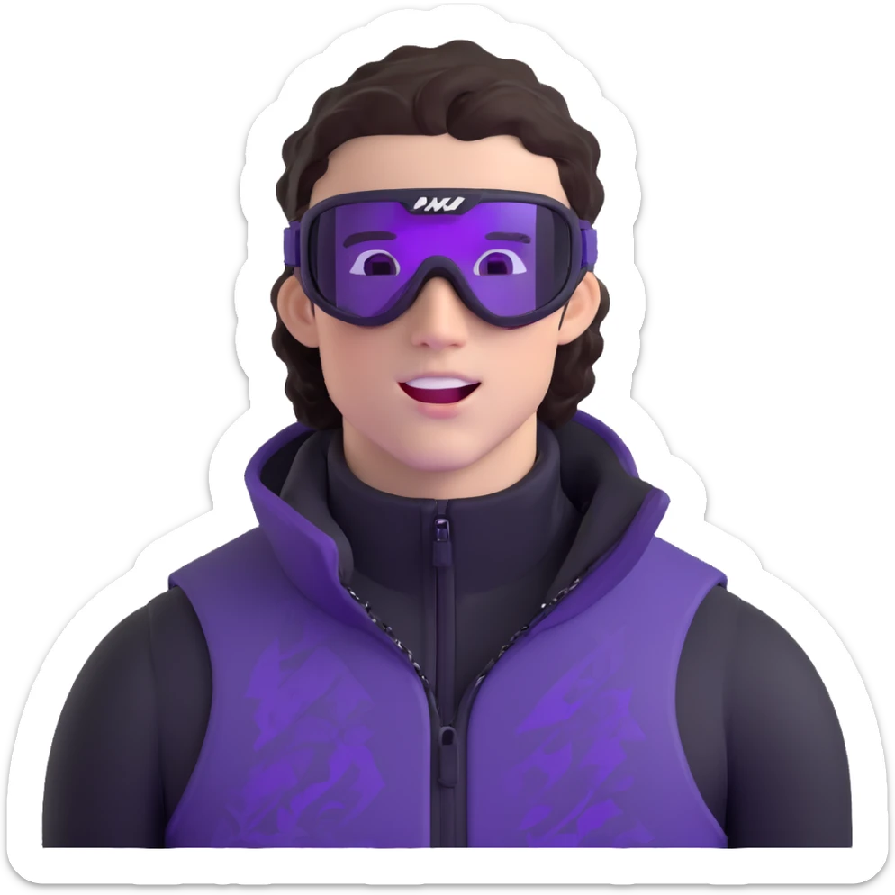 close-up of bad guy male athlete with white skin and moderately curly dark brown hair on top with shaved sides, wearing ski goggles with purple frames and very dark black lenses, a simple plain black chain necklace, and a completely unzipped sleeveless vest with purple and black sequin fire pattern design with no logo, with an extremely arrogant expression sticking his tongue out mockingly, looking menacing and villainous sticker