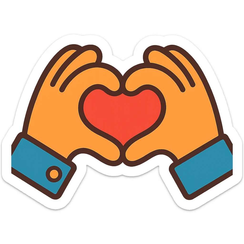 a pair of hands forming a heart shape, representing love, vibrant toon style, warm, friendly, cute sticker