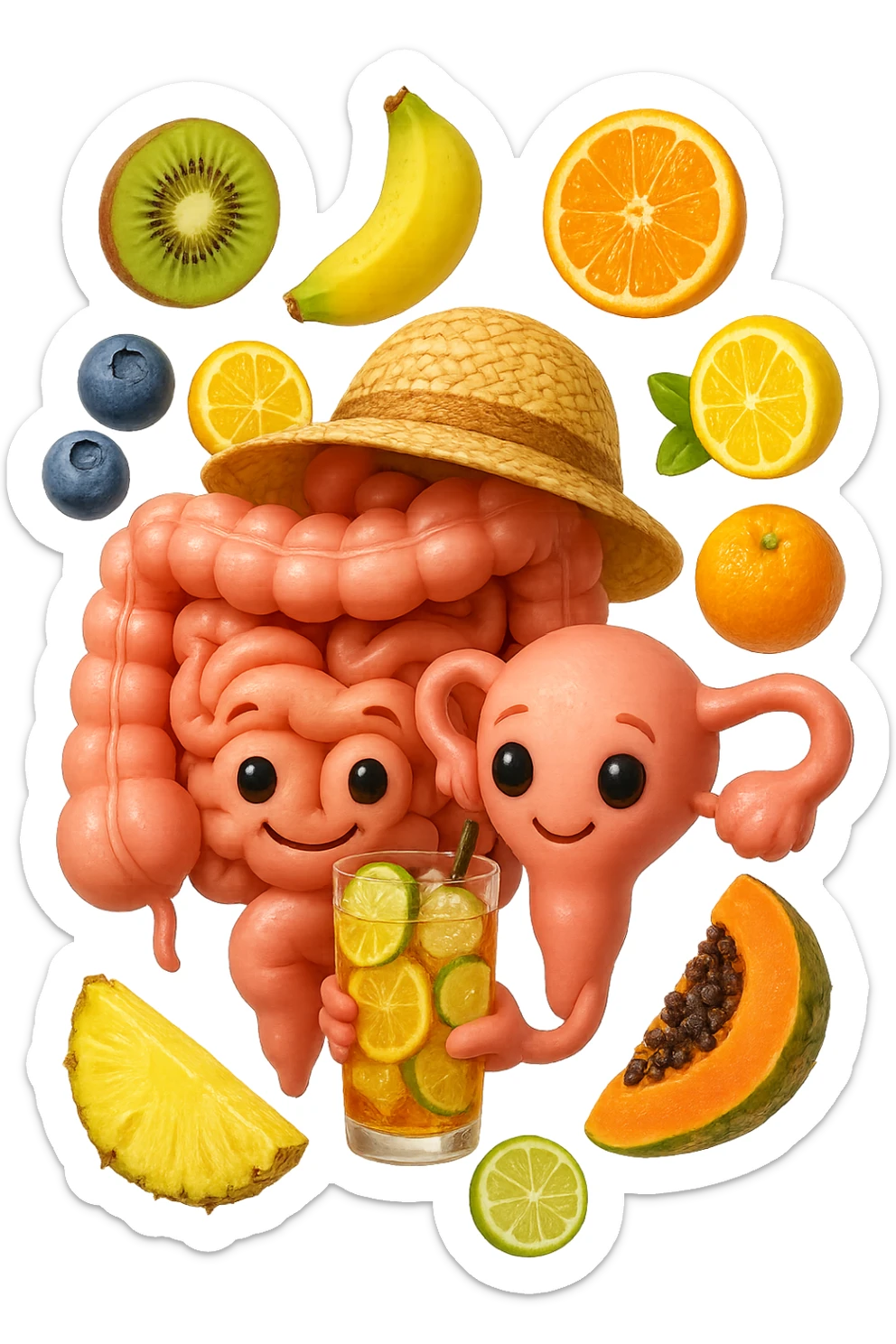 EMOJI STILE IPHONE DI INTESTINO E UTERO UMANI REALISTICI CON CAPPELLO DI PAGLIA DA SPIAGGIA CHE BEVE UN Tè FREDDO IN BICCHIERE DI VETRO CON DENTRO  fette di cetriolo, limone, lime, DIETRO L'INTESTINO FLUTTUANO PEZZETTI DI Kiwi
Banana acerba
Arance e mandarini
Mirtilli
Ananas
Papaya
IPERREALISTICO 4K sticker