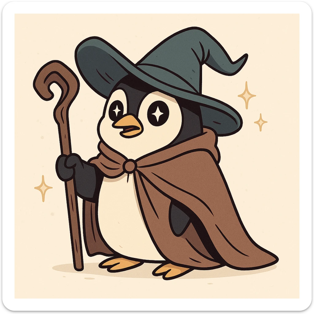cartoon penguin wizard wearing cloak and holding staff, twinkling eyes, whimsical style, light background sticker