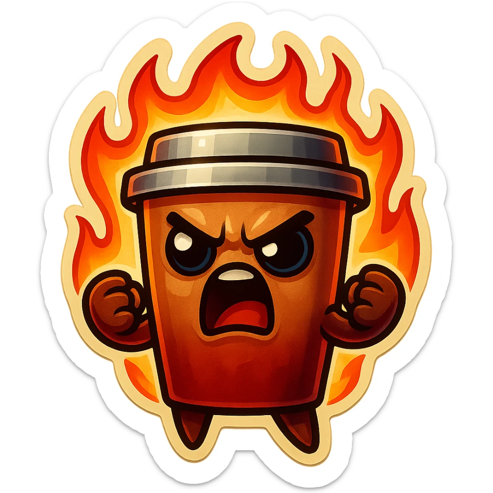 Tall coffee cup, angry, on fire, clenched fists, yelling sticker