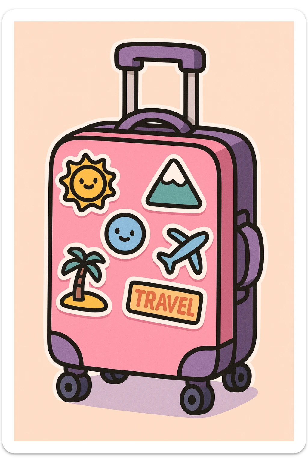 pink and purple rolling suitcase with various travel stickers, thick line art, flat pastel colors, graphic shadows and highlights, white sticker outline, cute cartoon style sticker