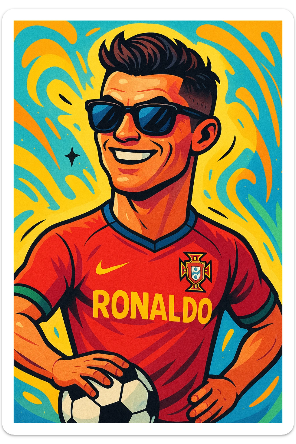 Create an image of Ronaldo with stylish sunglasses and a football next to him in a vibrant cartoon style. Emphasize bright colors and lively cartoon aesthetics. sticker