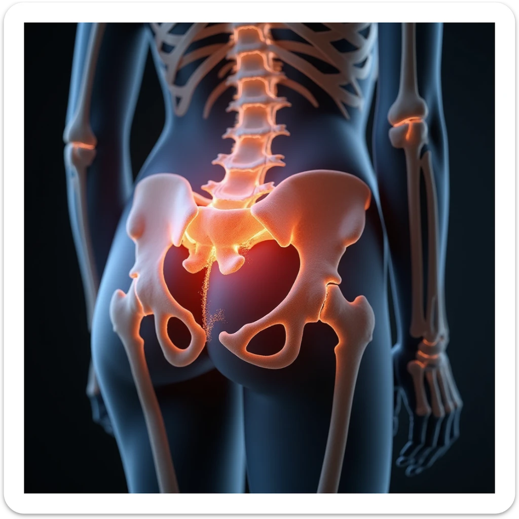 Anatomical view of piriformis muscle on a seated woman, highlighted in red in the gluteal region, bones and other muscles visible in transparency, hyperrealism 4K, white background sticker